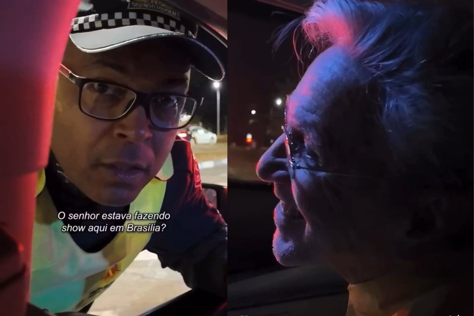 Durante blitz de trânsito em Brasília, um policial vê Caetano Veloso no carro e beija o cantor. O vídeo engraçado está divertindo as redes. - Fotos: reprodução/Instagram