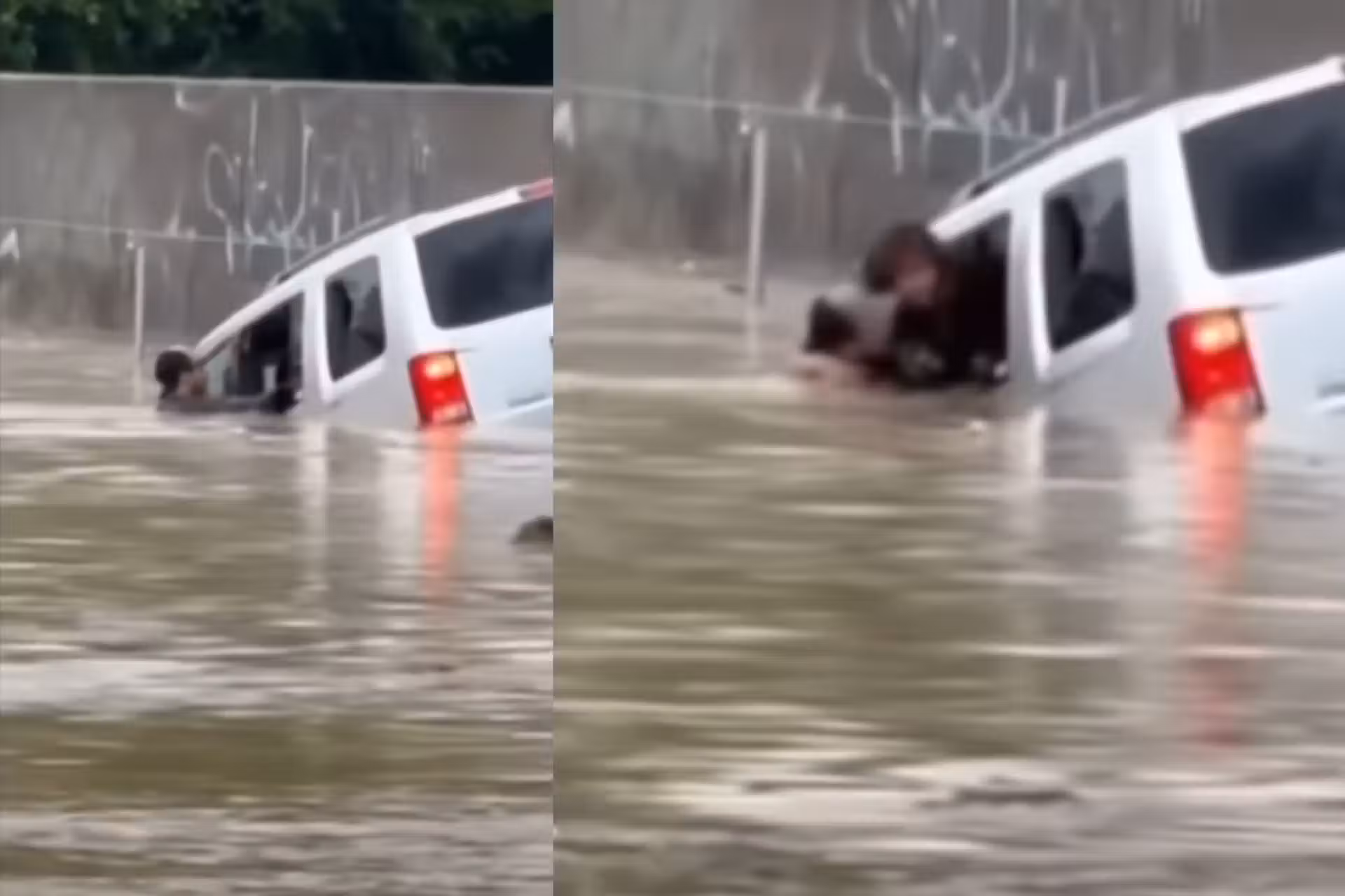 O jovem herói quebra a janela do carro e depois retira a mulher que estava presa na enchente - Fotos: reprodução/Local3News