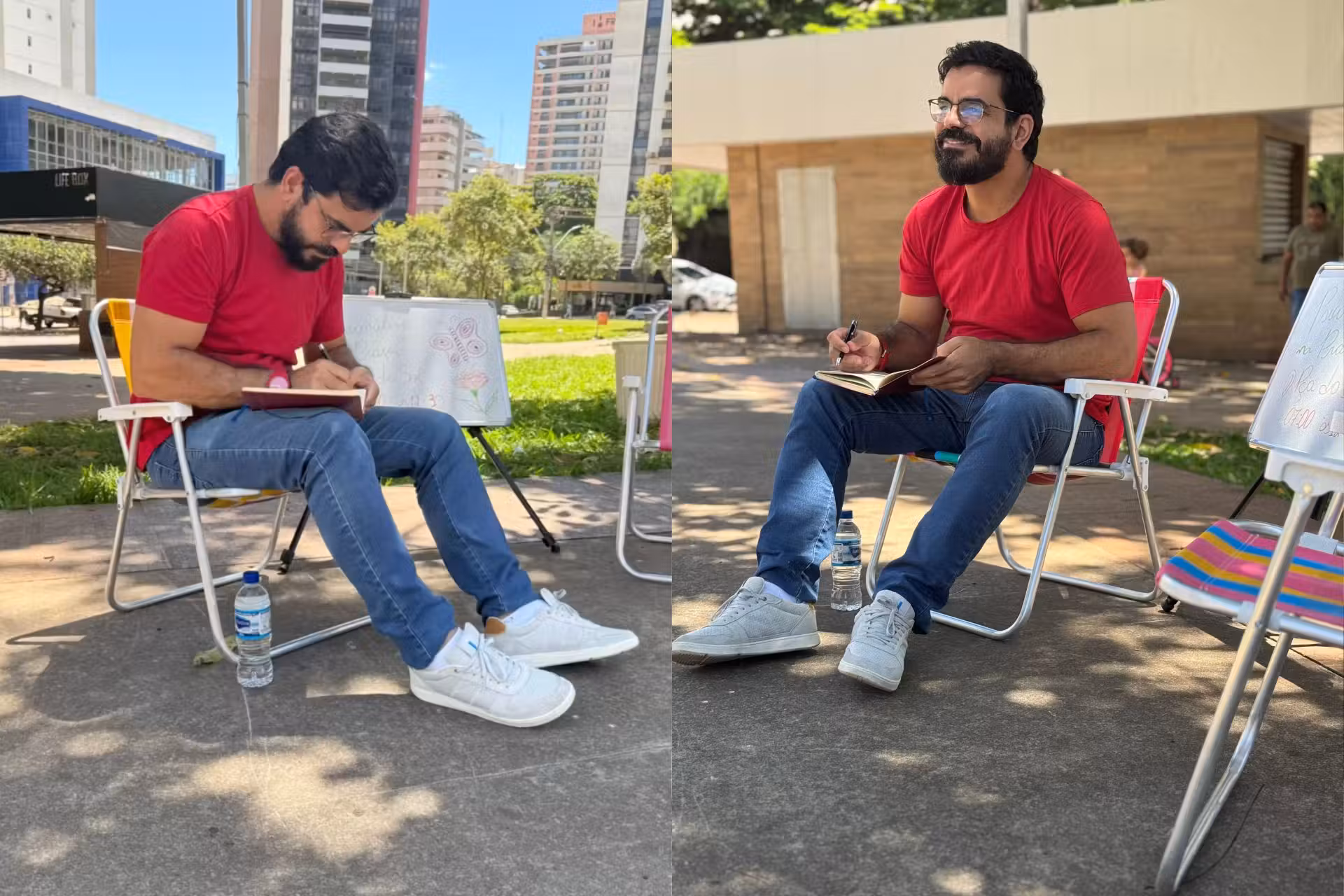 O psicanalista Jorge Cordeiro criador do projeto Psicanálise na Praça atende a cada 15 dias, gratuitamente em uma praça de Goiânia (GO). -F otos: reprodução/Instagram