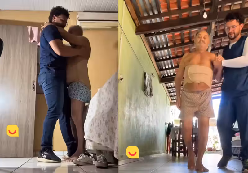 Fisioterapeuta ajuda idoso do interior do Piauí a voltar a andar e ele cumpre promessa linda feita ao profissional. - Foto: reprodução redes sociais