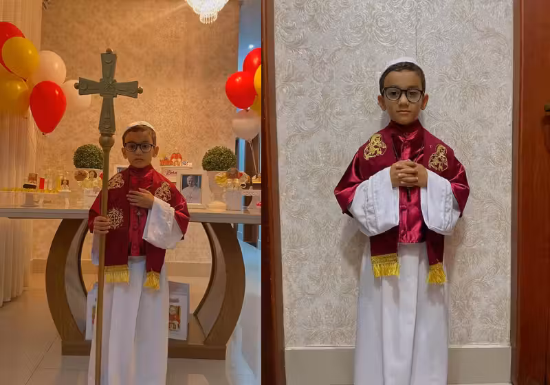 O garotinho escolheu o Papa Leão XIV como tema de aniversário. O resultado ficou incrível - Foto: reprodução Instagram @tatiele_peres