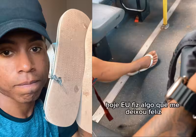 O jovem tirou os próprios chinelos e deu para um rapaz que usava uma havaiana quebrada. O gesto viralizou - Foto: redes sociais