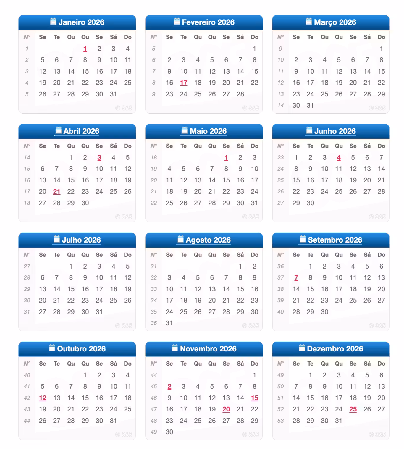 Calendário 2026. Veja os feriados. - Foto: reprodução/Calendario365