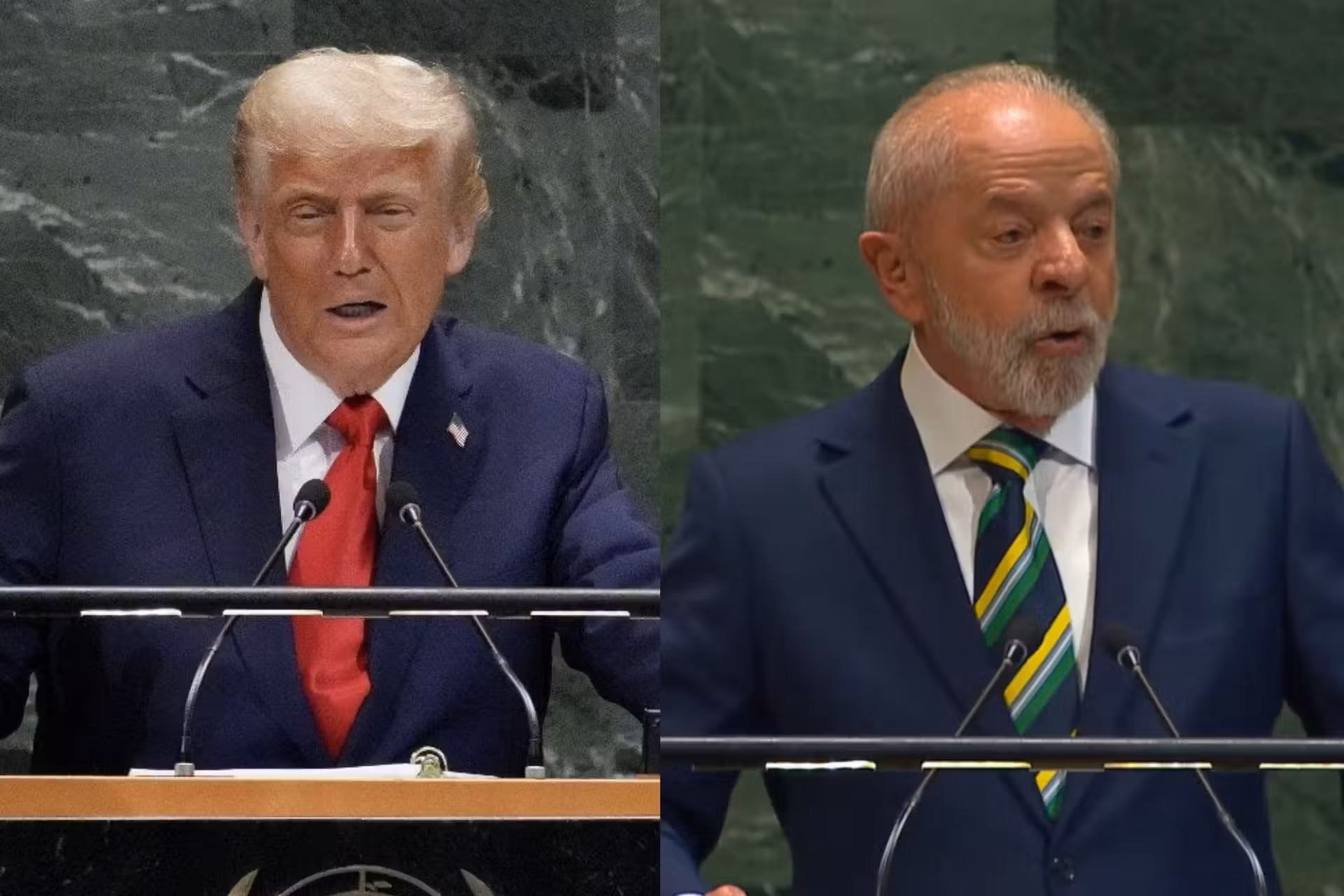 Trump elogiou Lula na abertura da Assembléia Geral da ONU, anunciou reunião para semana que vem. Direita e esquerda divergem sobre os motivos. - Fotos: Timothy A. Clary/AFP/Mike Seggar/Reuters