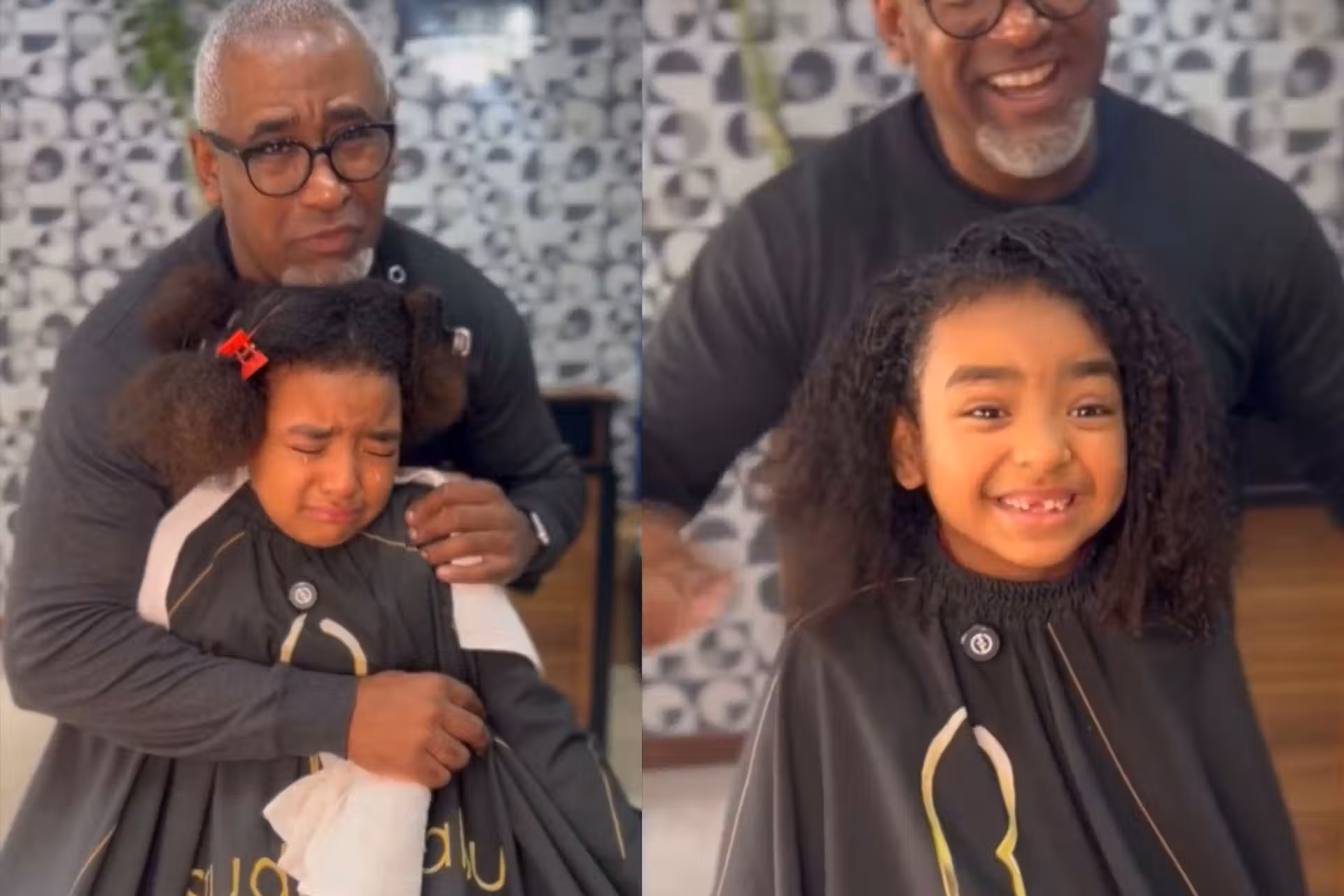 O barbeiro especializado em cabelos afro Babu Cardoso, fez a menina Ana Clara, que chorava por causa do bullying com cabelo, voltar a sorrir novamente. Fotos: reprodução/redes sociais