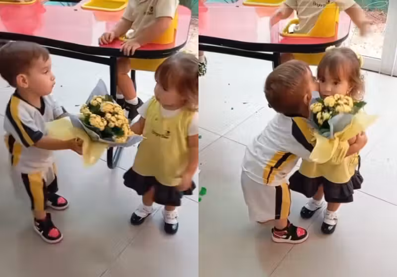 A mãe incentivou o filho, que mordeu uma coleguinha de escola, a pedir desculpas da forma mais fofa, com flores. - Foto: reprodução TikTok