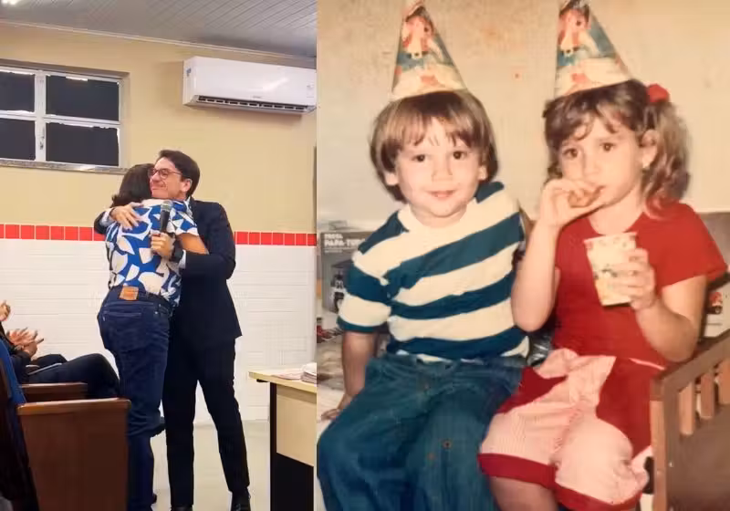 O juiz Francisco Tojal foi dar uma palestra numa escola de Aracaju e reencontrou a primeira professora. Ele se emocionou e depois recebeu uma mensagem linda dela. - Fotos: reprodução/redes sociais/arquivo pessoal
