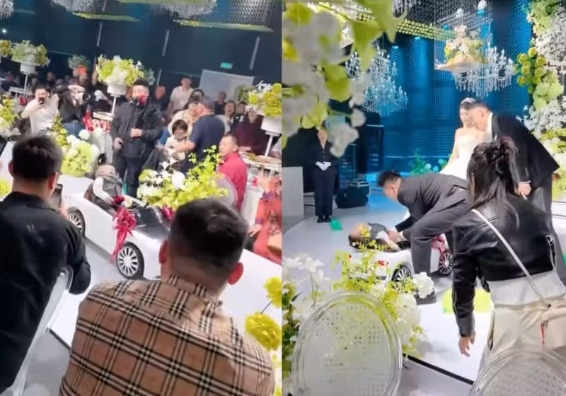 Na China, um menino que seria pajem e levaria as alianças no casamento, não aguentou de cansaço e entrou dormindo no carrinho acionado por controle remoto. - Foto: reproduçãoYoutube