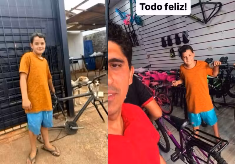 O comerciante Francisco Anes, de Goiânia, lembrou do passado pobre e deu uma bike nova ao Felipe, de 11 anos que só tinha uma carcaça de bicicleta para brincar. - Fotos: reprodução/ Instagram