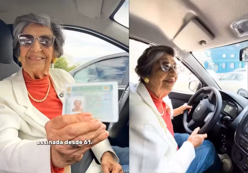 Quase centenária, dona Marilde, idosa de 98 anos, dirige até hoje nas ruas de Florianópolis com bons reflexos, visão e lucidez. - Fotos: reprodução/Instagram