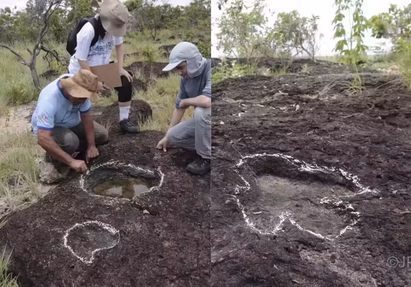 Pegadas de dinossauro foram encontradas na região da Amazônia, no município de Bonfim, no norte de Roraima. -Foto: JN