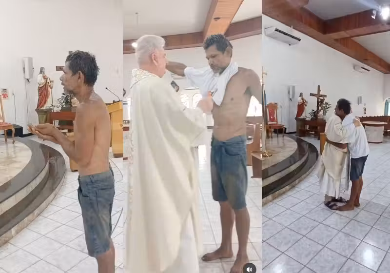 O homem descalço entrou na igreja, se aproximou do padre e pediu bênção para a família dele. E recebeu muito mais do páraco de Marabá (PA). - Fotos: reprodução/CorreioDeCarajás