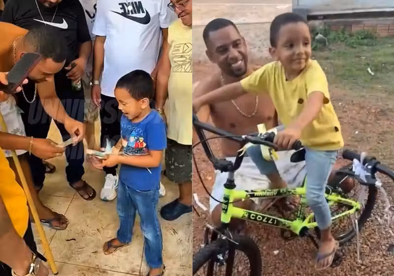 Os jogadores de sinuca souberam que o menino catava latinhas para comprar uma bicicleta. Eles fizeram uma vaquinha e compraram para ele em Canaã dos Carajás (PA). - Fotos: reprodução/TikTok