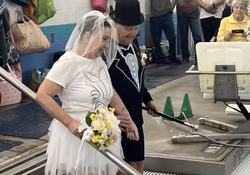 Um casal de idosos decidiu que se casaria onde se conheceram, na piscina! - Foto: YMCA