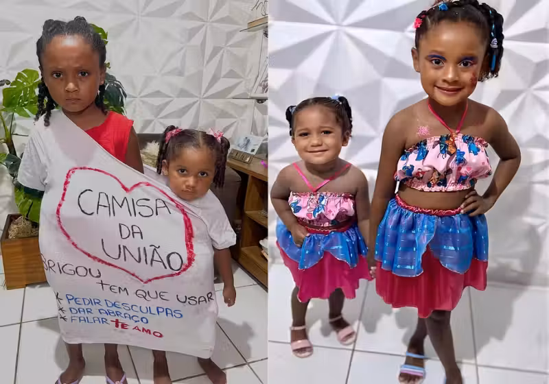 A mãe, Priscila, fez uma camisa da união para as duas filhas em Estância, Sergipe. As irmãs estavam brigando e a ideia ganhou a internet - Foto: redes sociais