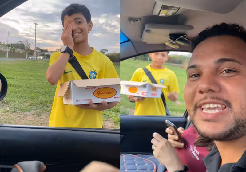 Homem ajuda menino que vendia paçoca na rua com número do Pix errado no cartão. Ele voltou e ainda pagou todo o prejuízo da criança, em São José do Rio Preto (SP).- Foto: redes sociais