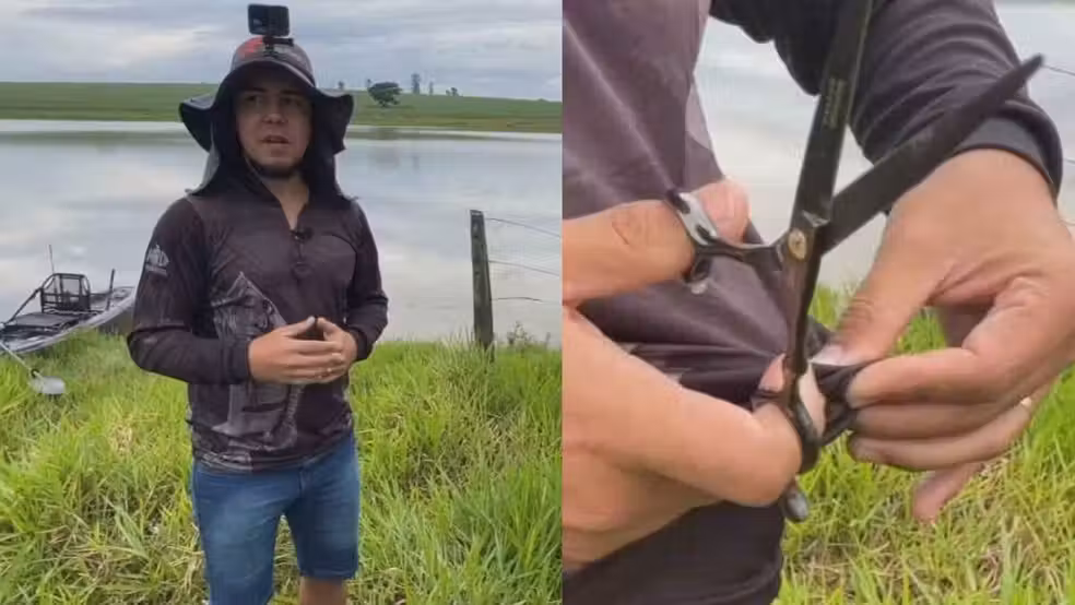 Pescador usou uma tesoura para libertar sucuri presa em rede no Tietê, em Cafelândia (SP) — Foto: Reprodução/TV TEM