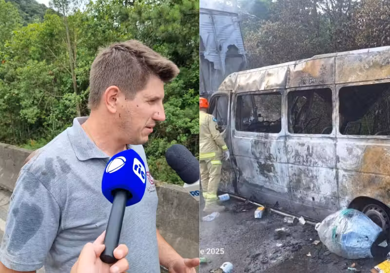 Um motorista salva 15 passageiros. Ele entrou na van após uma colisão e cortou o cinto de todos antes que o fogo tomasse conta - Foto: Corpo de Bombeiros