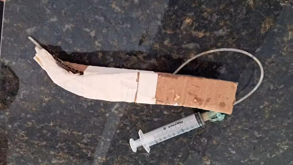 Bico improvisado foi feito de papelão, fita, seringa e mangueira para alimentar tucano resgatado em Novo Horizonte (SP) — Foto: Viviane Silva/Arquivo pessoal