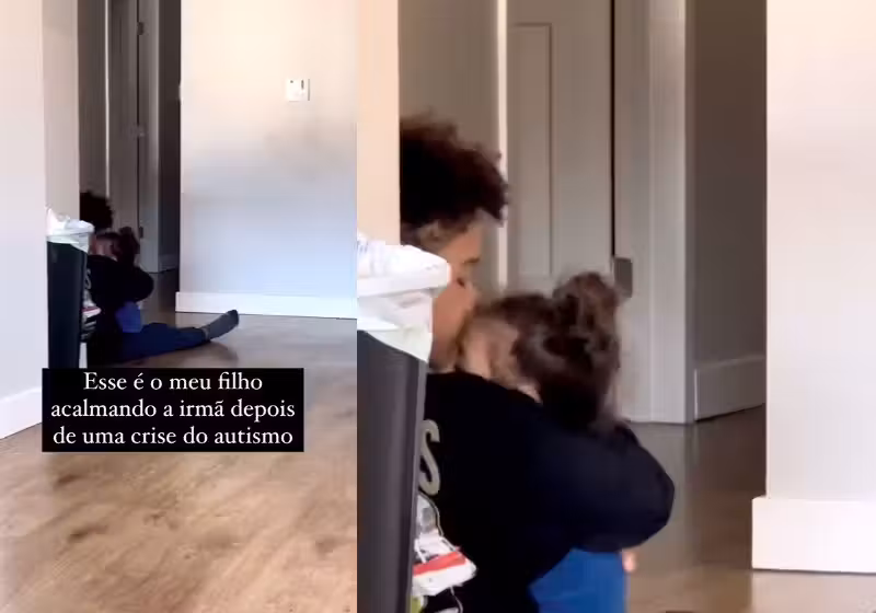 A Kandre adota o Bernardo, um menino TDAH e logo descobre que estava grávida. A filha dela, Liv, nasceu com autismo e o Bê cuida dela hoje. - Fotos: reprodução/Instagram