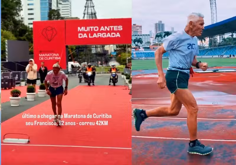 Seu Francisco Lima é o idoso brasileiro de 92 anos que correu 44 km na maratona de Curitiba na semana passada. - Fotos: reprodução/Instagram