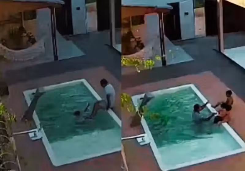 A câmera de segurança da casa mostra o momento em que o pai salva os dois filhos pequenos que se afogavam na piscina em AL. - Fotos: Câmera de segurança