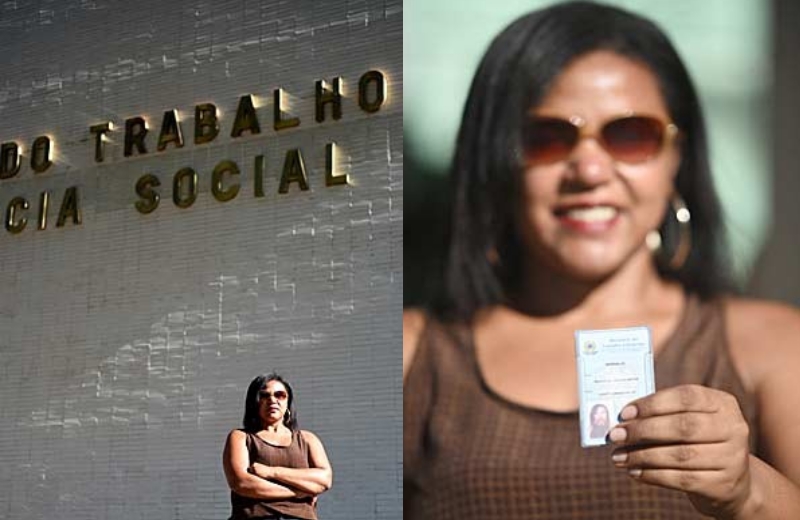 A ex-faxineira em frente a ministério na Esplanada/Foto: Alexandre Bastos/G1