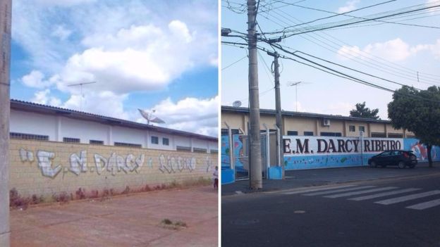 Antes e depois da fachada da escola - Foto: arquivo pessoal