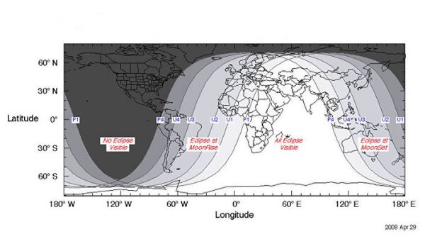Zonas brancas indicam melhores pontos para observar o eclipse lunar - Foto: © NASA. FRED ESPENAK/NASA GSFC As
