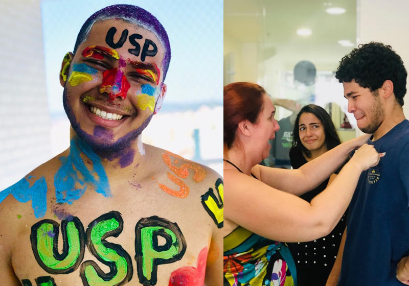 Guilherme Nóbrega no trote e com a professora - Fotos: Nathalia Alcatrão / arquivo pessoal