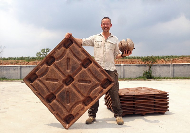 Michiel Vos e os paletes feitos a partir da fibra do coco Foto: Divulgação|Agricultores trabalham na produção Foto: Divulgação