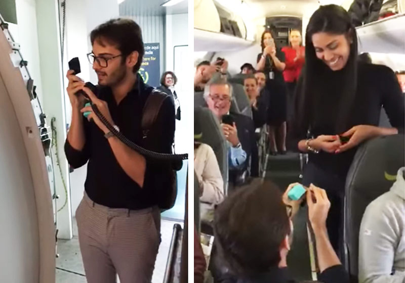 Lucas e Dhieny - Fotos: reprodução / Instagram|Os noivos com a tripulação da TAP - Foto: arquivo pessoal