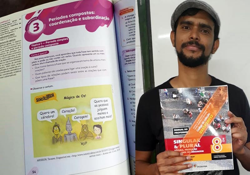 Charge no livro didático - Fotos: Arisson Tavares|