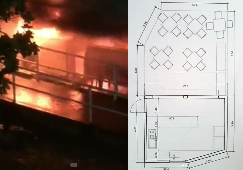 O incêndio e a planta da nova lanchonete - Fotos: reprodução / Instagram