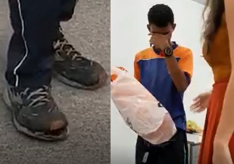 Foto: reprodução|Foto: reprodução|Matheus servindo mungunzá de tênis novo Foto: Arquivo Pessoal