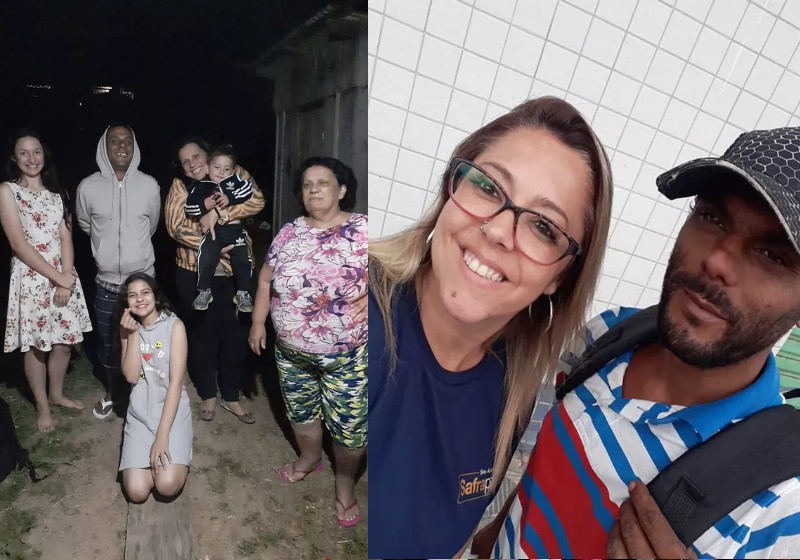 Alfredo com a família no Paraná e ao lado da comerciante que o ajudou Foto: Arquivo Pessoal/Michele Santos e Márcia Silva