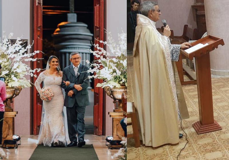 Raimundo entrando com Rebeca e celebrando o casamento - Fotos: Vinícios Diniz / Bruno Yacub / Arquivo pessoal||