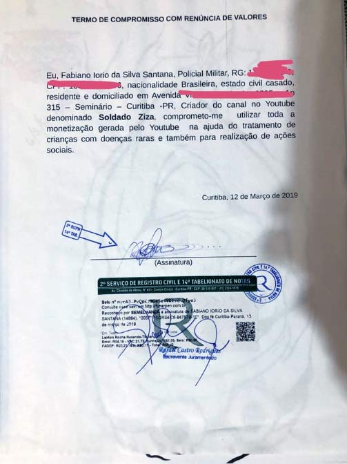 Documento em que abre mão da receita do Youtube - Foto: arquivo pessoal