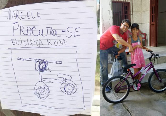 bilhete-bike-acha-close|bilhete-bike-roxa|foto-bilhete|foto-pai-bike Fotos: reprodução / Ichubabr e arquivo pessoal|Bilhete/cartaz feito pelas crianças - Foto: reprodução / Ichubabr||