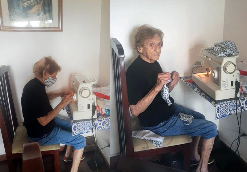 Dona Pina costurando máscaras - Fotos: Arquivo Pessoal