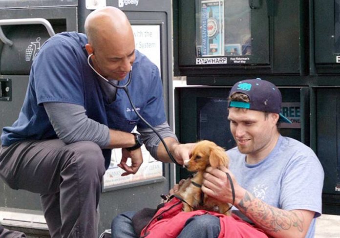 veterinario-animais-rua-close|veterinario-caes-de-rua-2|veterinario-caes-de-rua-3 Kwane Stewart atendendo na rua - Foto: reprodução / SunnySkyz||
