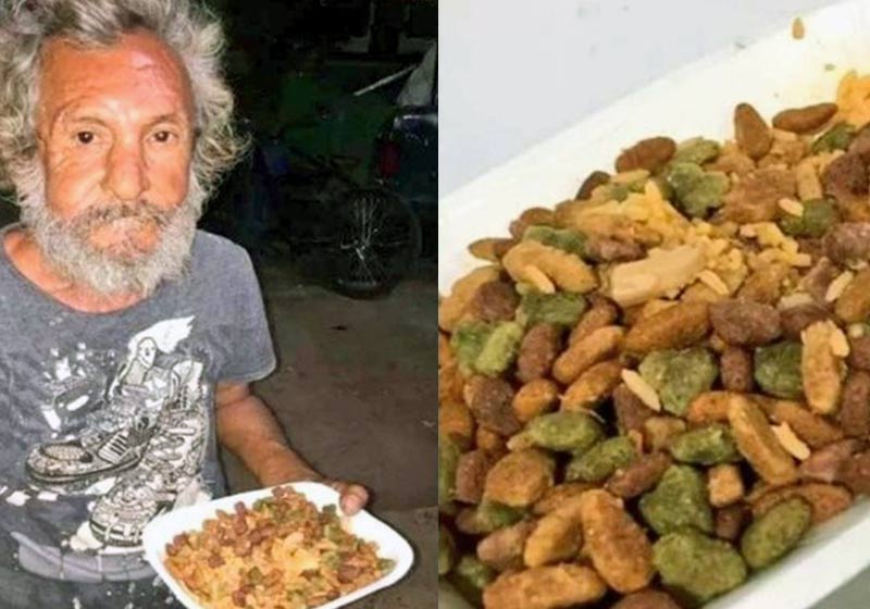 Seu José e a quentinha com ração para cachorro - Fotos: reprodução / Facebook