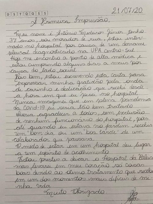 Carta escrita por Antônio - Foto: divulgação