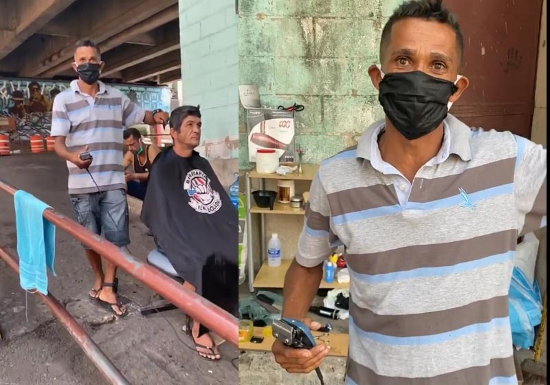 Júlio César cortando cabelos - Foto: Ronaldo Fraga / Instagram