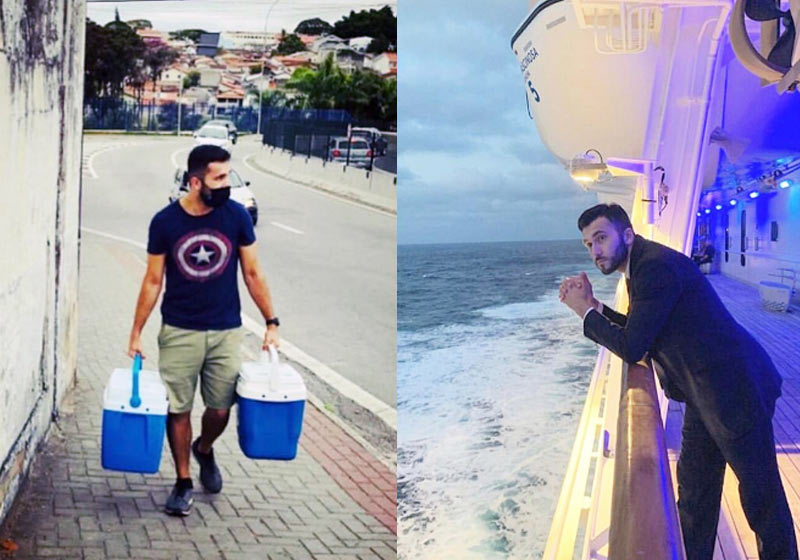 Fernando vendendo queijo e no navio - Fotos: arquivo pessoal