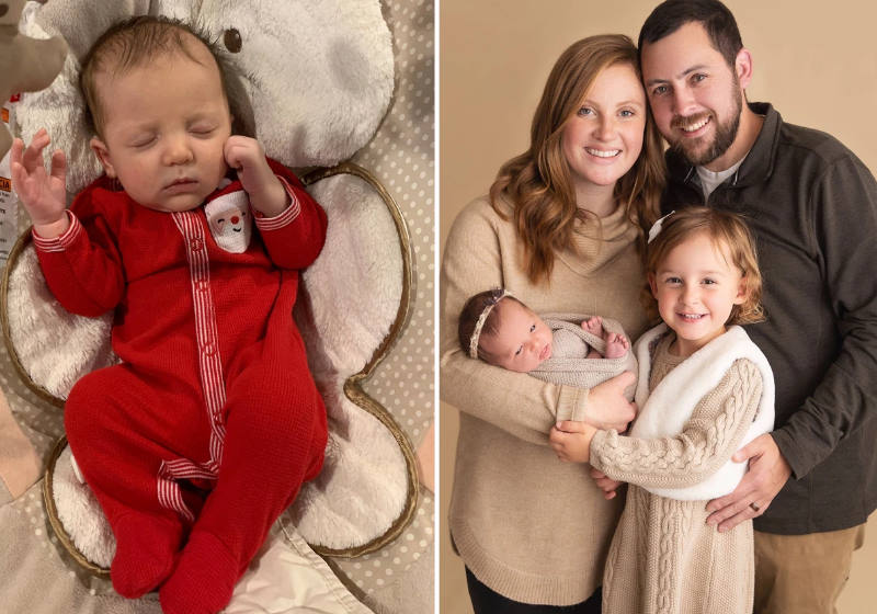Tina e Ben Gibson com a recém-nascida Molly Everette Gibson (à esquerda) e a irmã Emma Wren Gibson (à direita). Foto: Haleigh Crabtree