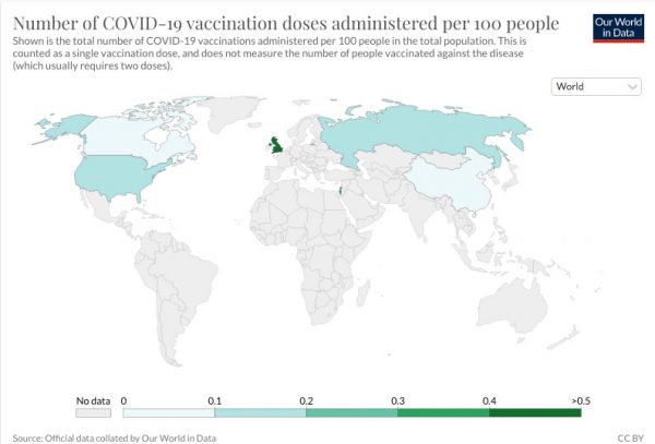 Países onde já começou vacinação - Foto: reprodução / OurWorldInData