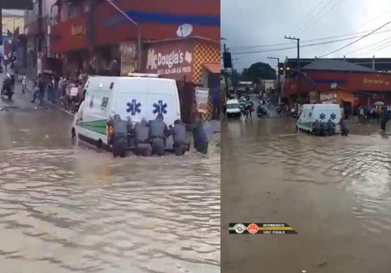 Bombeiros empurram ambulância na enchente - Fotos: Bombeiros PMESP