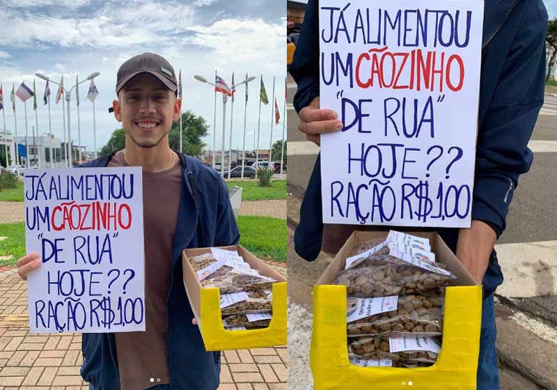 Lucas vendendo ração no semáforo - Fotos: reprodução / Instagram