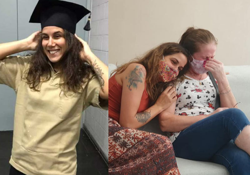 Roberta na formatura vestida de faxineira e com a mãe emocionada com a bolsa - Fotos: Unimes e arquivo pessoal